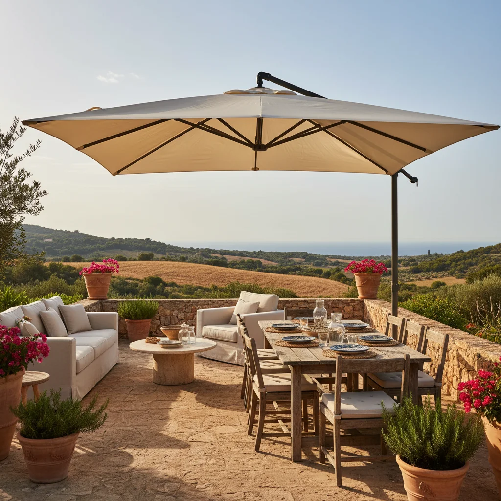 Instalación de sombrillas y parasoles en una terraza mediterránea en Benissa, Costa Blanca
