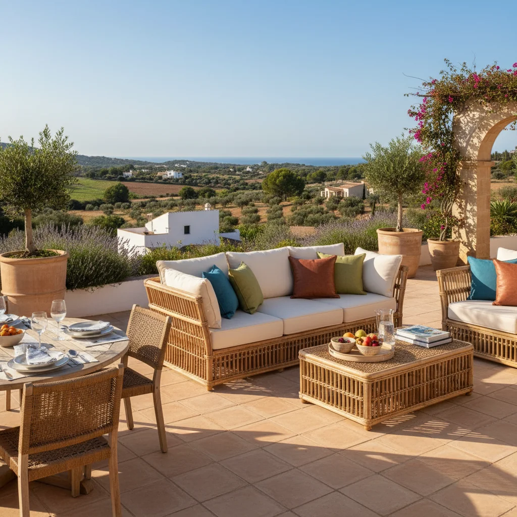 Instalación de conjuntos lounge de ratán en una terraza mediterránea en Benissa, Costa Blanca