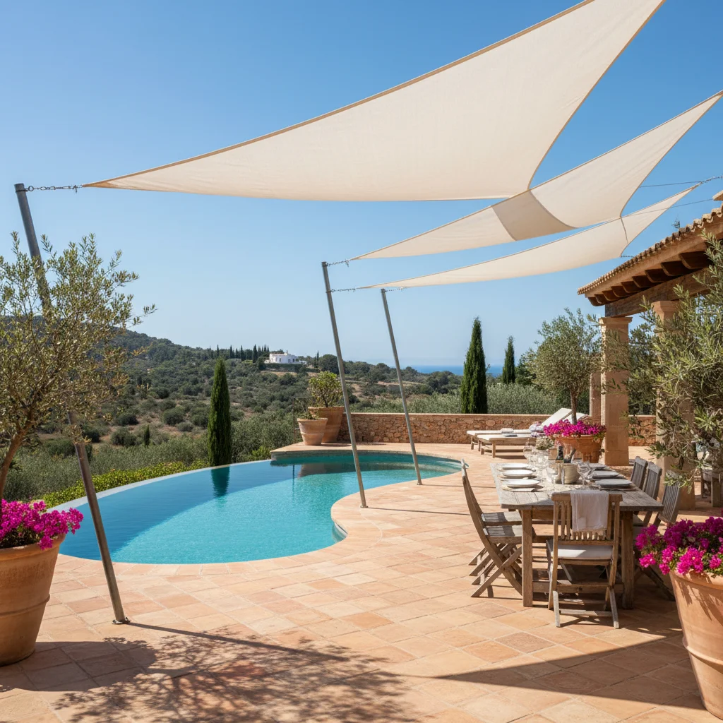 Instalación de velas de sombra en una terraza mediterránea en Benissa, Costa Blanca