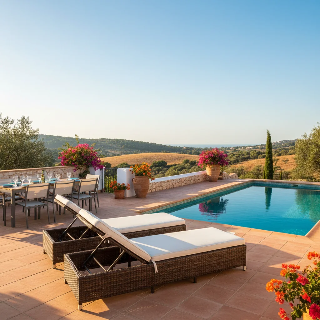 Sun Loungers & Daybeds setup on a Mediterranean terrace in Benissa, Costa Blanca