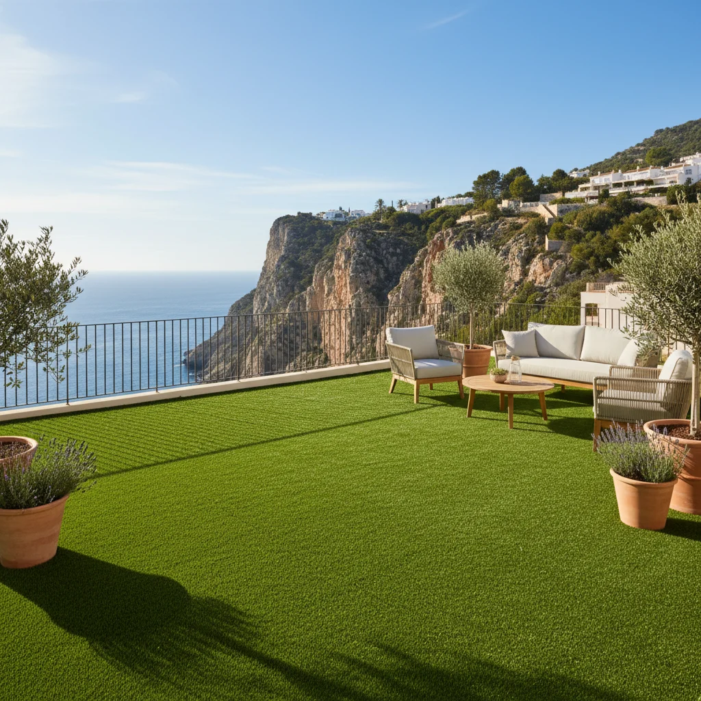 Instalación de césped artificial y paisajismo en una terraza mediterránea en Benitachell, Costa Blanca