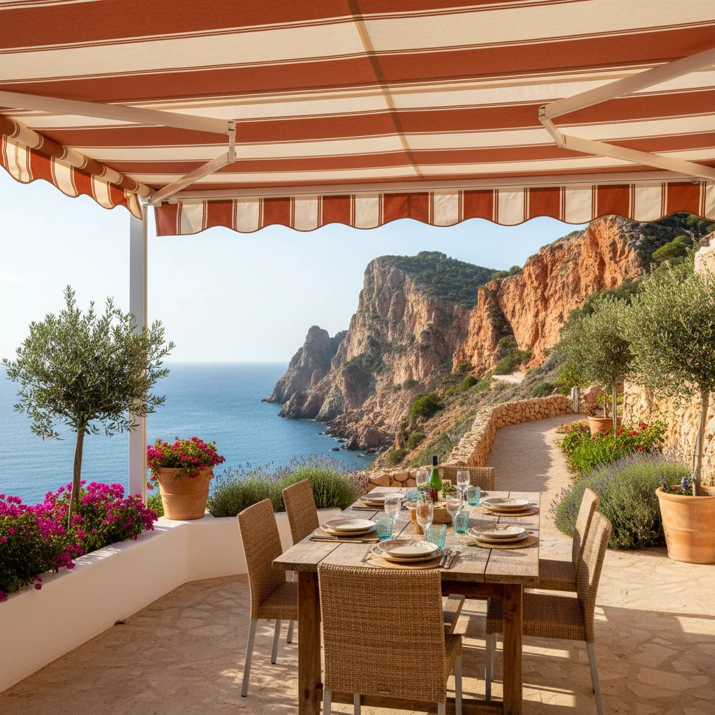 Instalación de toldos en una terraza mediterránea en Benitachell, Costa Blanca