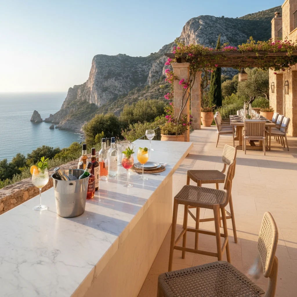 Instalación de muebles de bar exterior en una terraza mediterránea en Benitachell, Costa Blanca