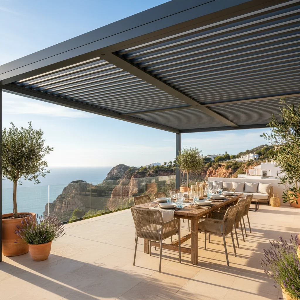 Instalación de pérgolas bioclimáticas en una terraza mediterránea en Benitachell, Costa Blanca