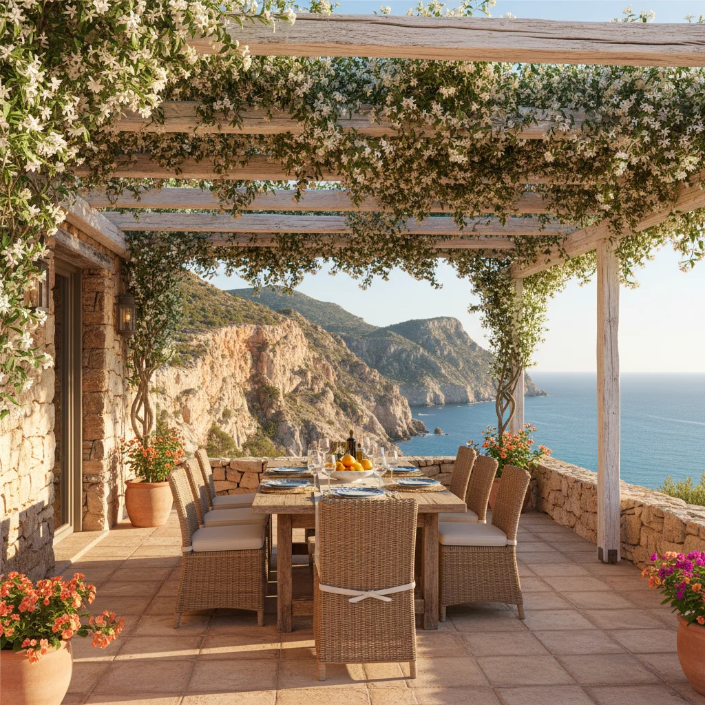 Fixed Pergolas setup on a Mediterranean terrace in Benitachell, Costa Blanca