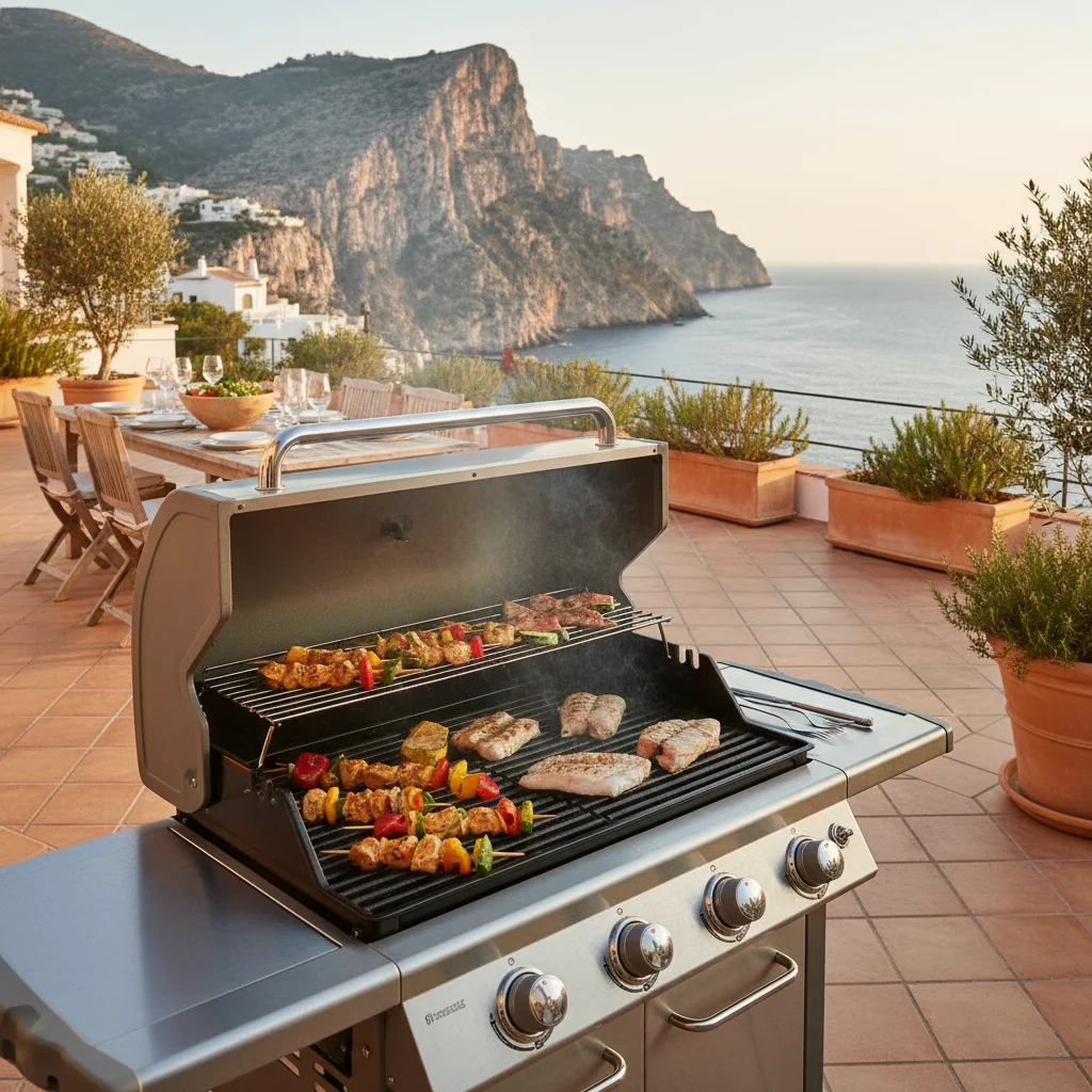Gasgrills-Einrichtung auf einer mediterranen Terrasse in Benitachell, Costa Blanca