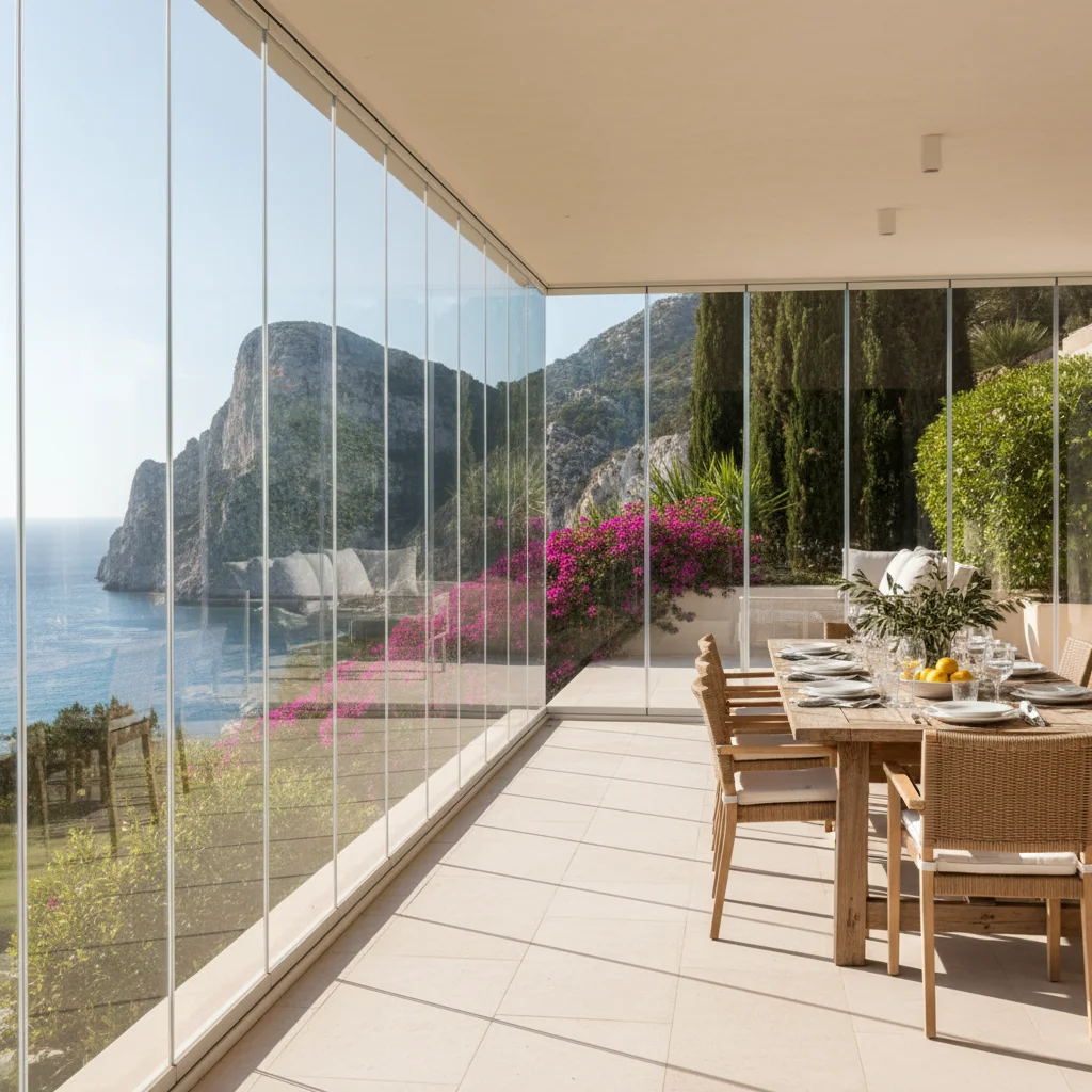 Instalación de cortinas de cristal en una terraza mediterránea en Benitachell, Costa Blanca
