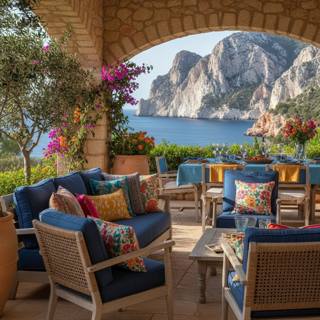 Outdoor-Kissen & Textilien-Einrichtung auf einer mediterranen Terrasse in Benitachell, Costa Blanca