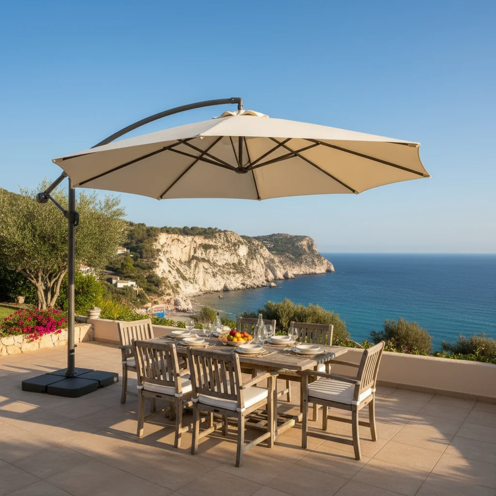 Instalación de sombrillas y parasoles en una terraza mediterránea en Benitachell, Costa Blanca