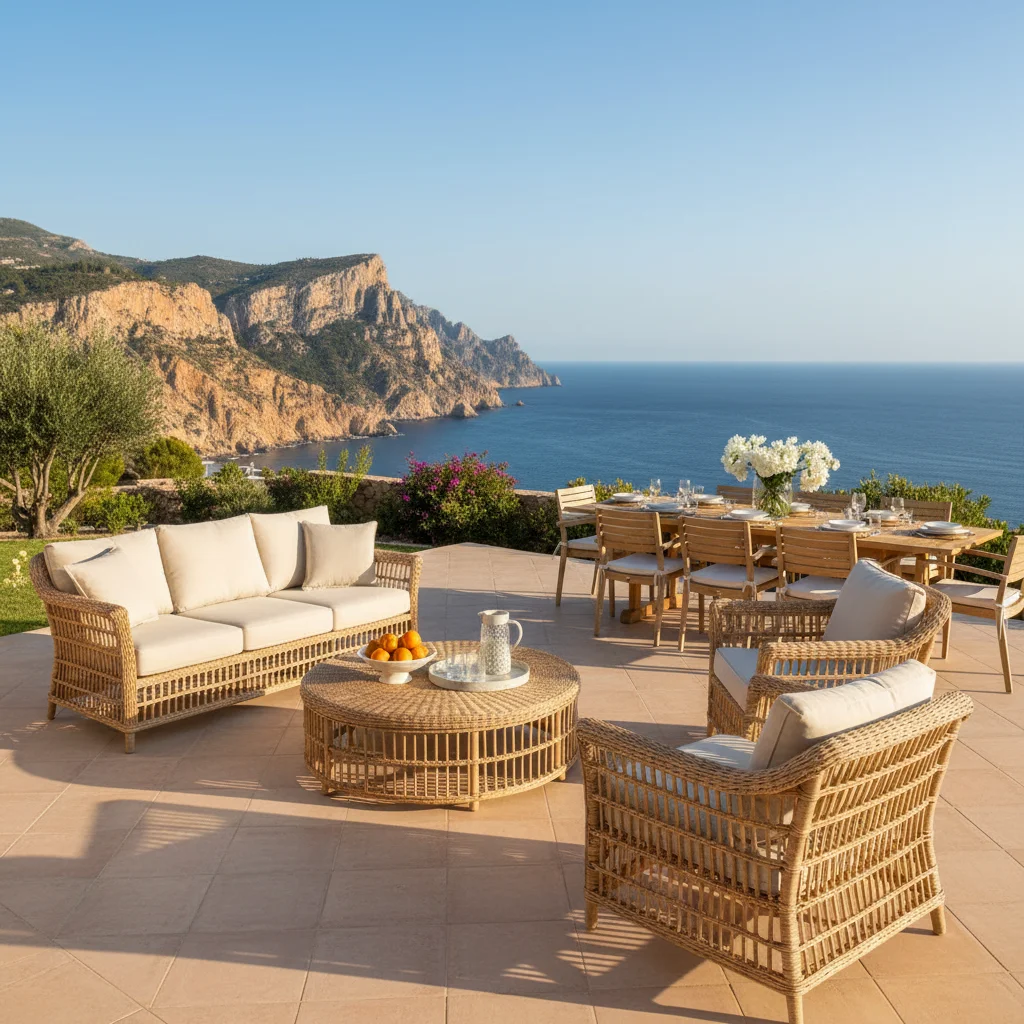 Instalación de conjuntos lounge de ratán en una terraza mediterránea en Benitachell, Costa Blanca