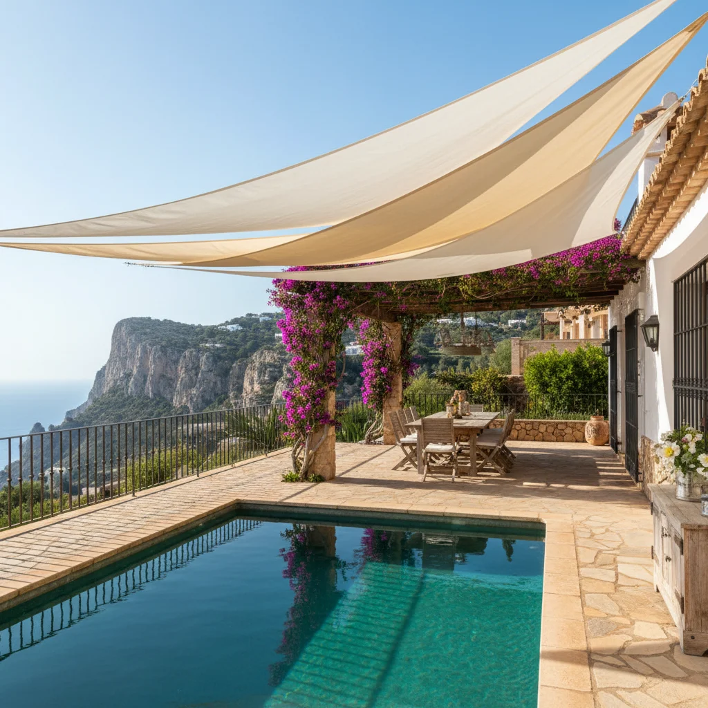 Instalación de velas de sombra en una terraza mediterránea en Benitachell, Costa Blanca