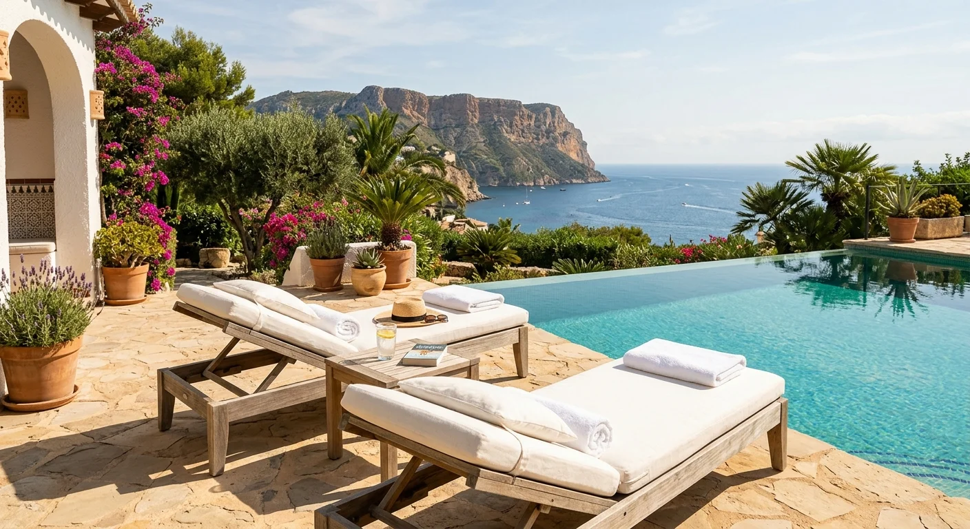 Sun Loungers & Daybeds setup on a Mediterranean terrace in Benitachell, Costa Blanca