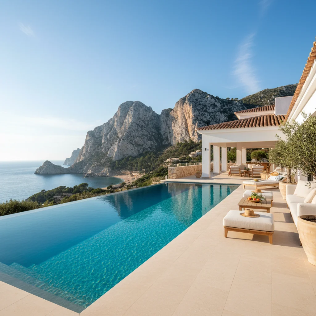 Instalación de piscinas en una terraza mediterránea en Benitachell, Costa Blanca