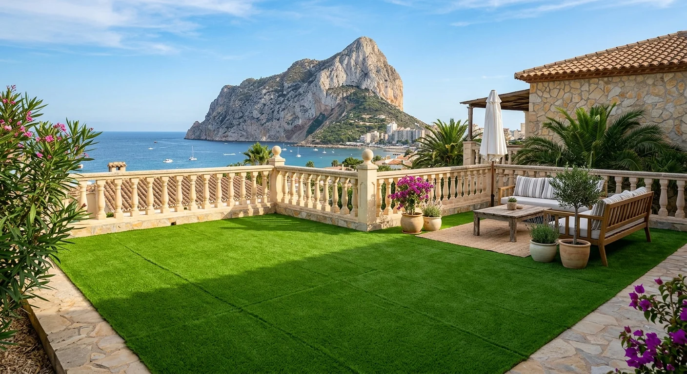 Instalación de césped artificial y paisajismo en una terraza mediterránea en Calpe, Costa Blanca