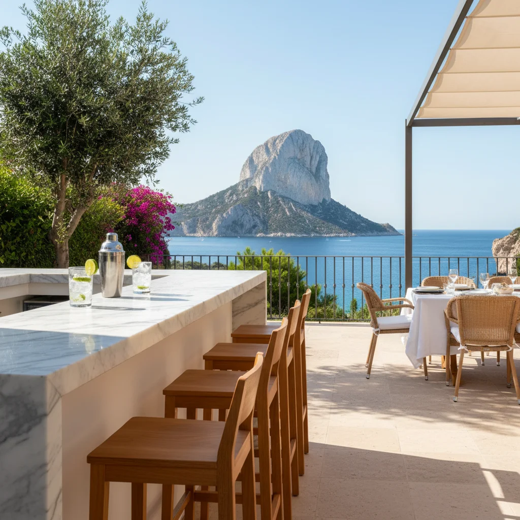 Instalación de muebles de bar exterior en una terraza mediterránea en Calpe, Costa Blanca