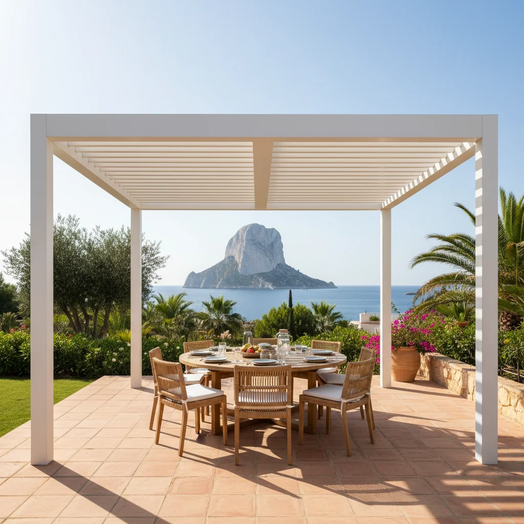 Bioklimatische Pergolen-Einrichtung auf einer mediterranen Terrasse in Calpe, Costa Blanca