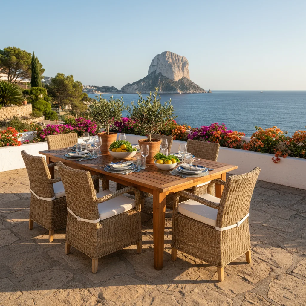 Instalación de conjuntos de comedor exterior en una terraza mediterránea en Calpe, Costa Blanca