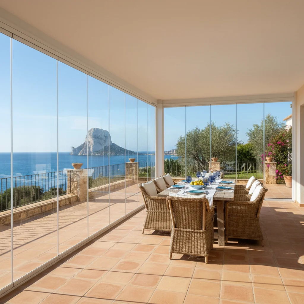 Instalación de cortinas de cristal en una terraza mediterránea en Calpe, Costa Blanca