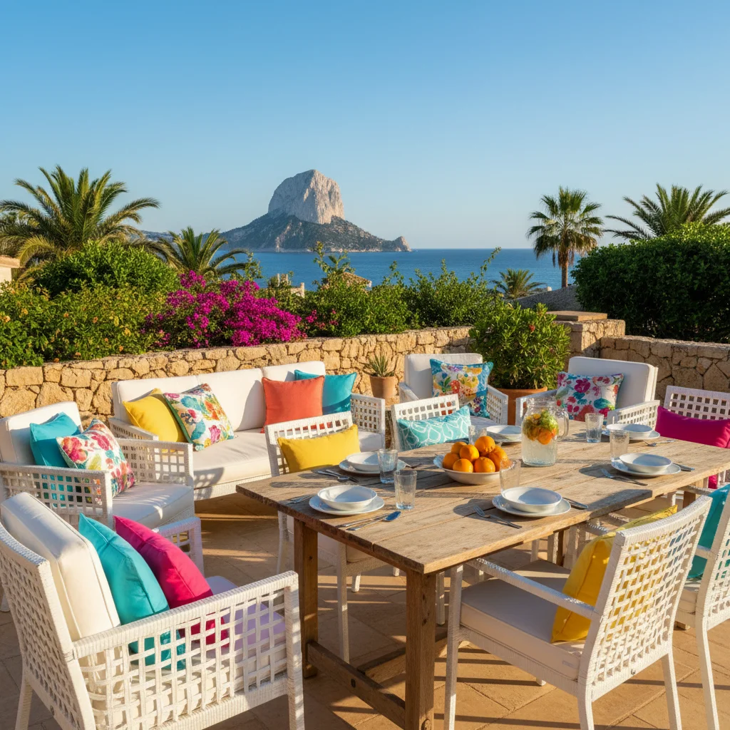 Instalación de cojines y textiles exteriores en una terraza mediterránea en Calpe, Costa Blanca