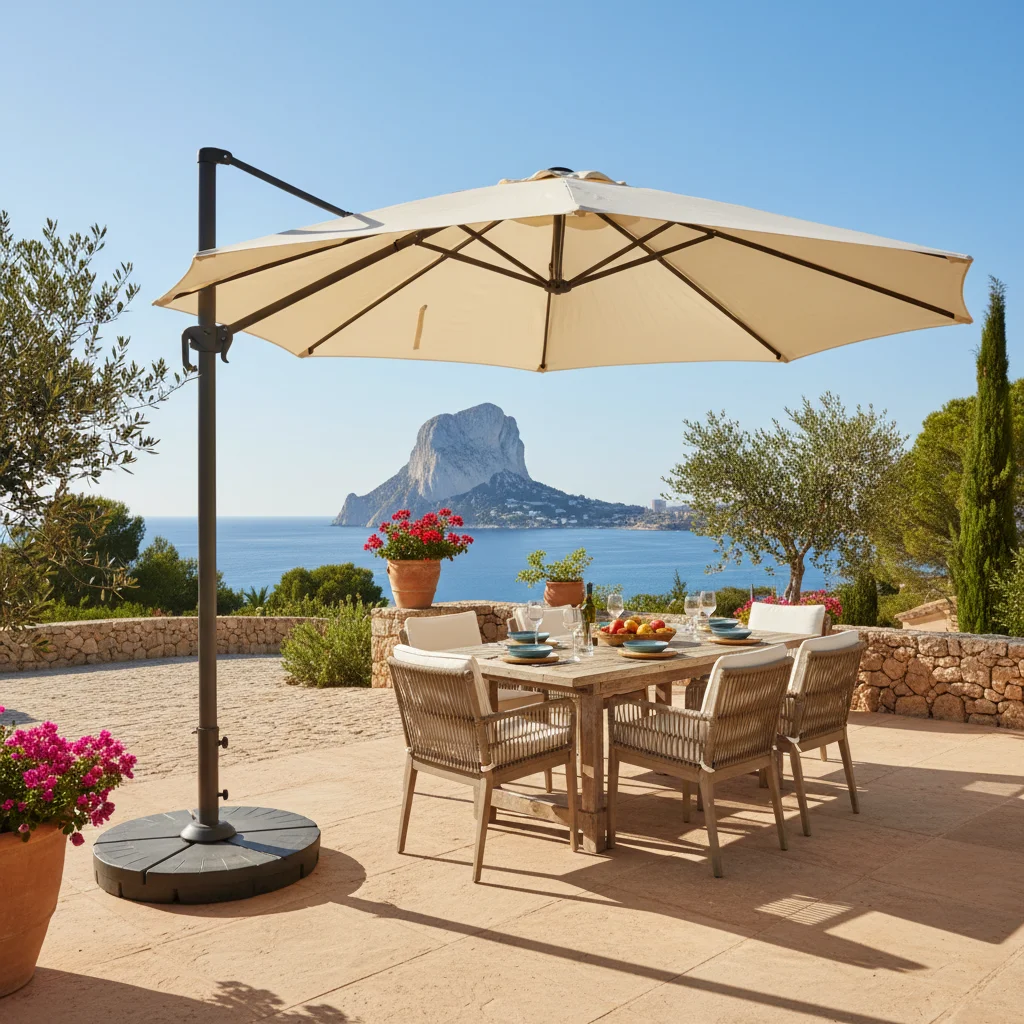 Instalación de sombrillas y parasoles en una terraza mediterránea en Calpe, Costa Blanca