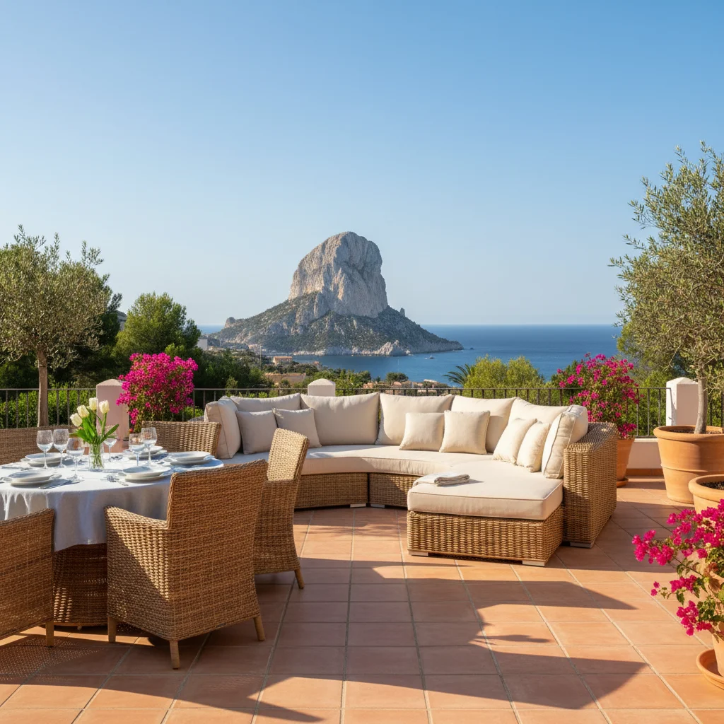Instalación de conjuntos lounge de ratán en una terraza mediterránea en Calpe, Costa Blanca