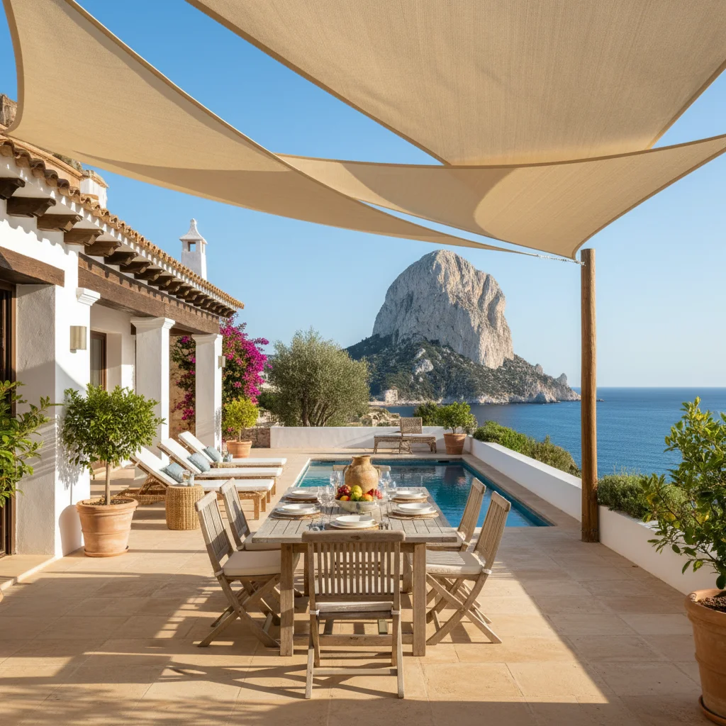 Instalación de velas de sombra en una terraza mediterránea en Calpe, Costa Blanca