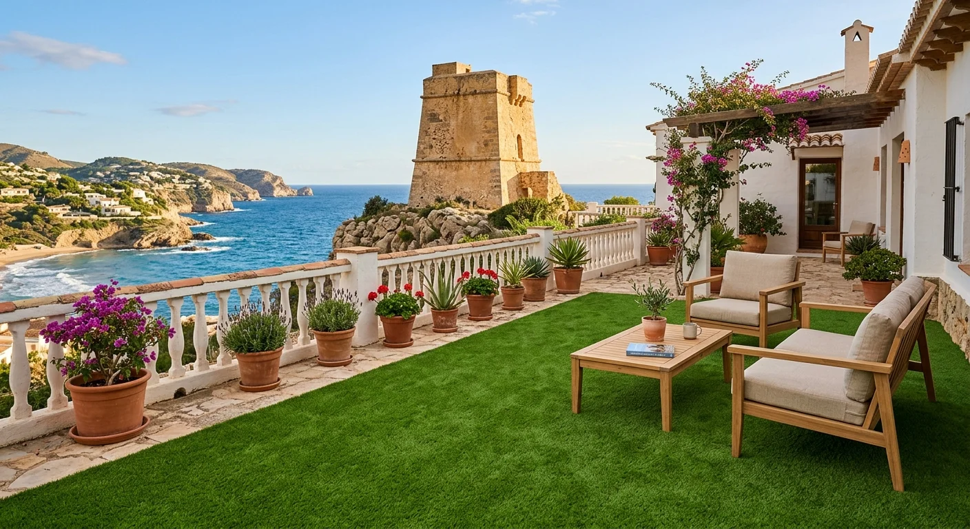 Artificial Grass & Landscaping setup on a Mediterranean terrace in El Campello, Costa Blanca
