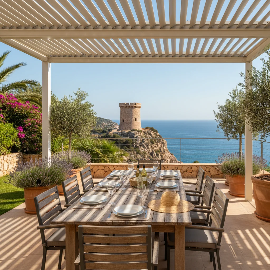 Bioclimatic Pergolas setup on a Mediterranean terrace in El Campello, Costa Blanca