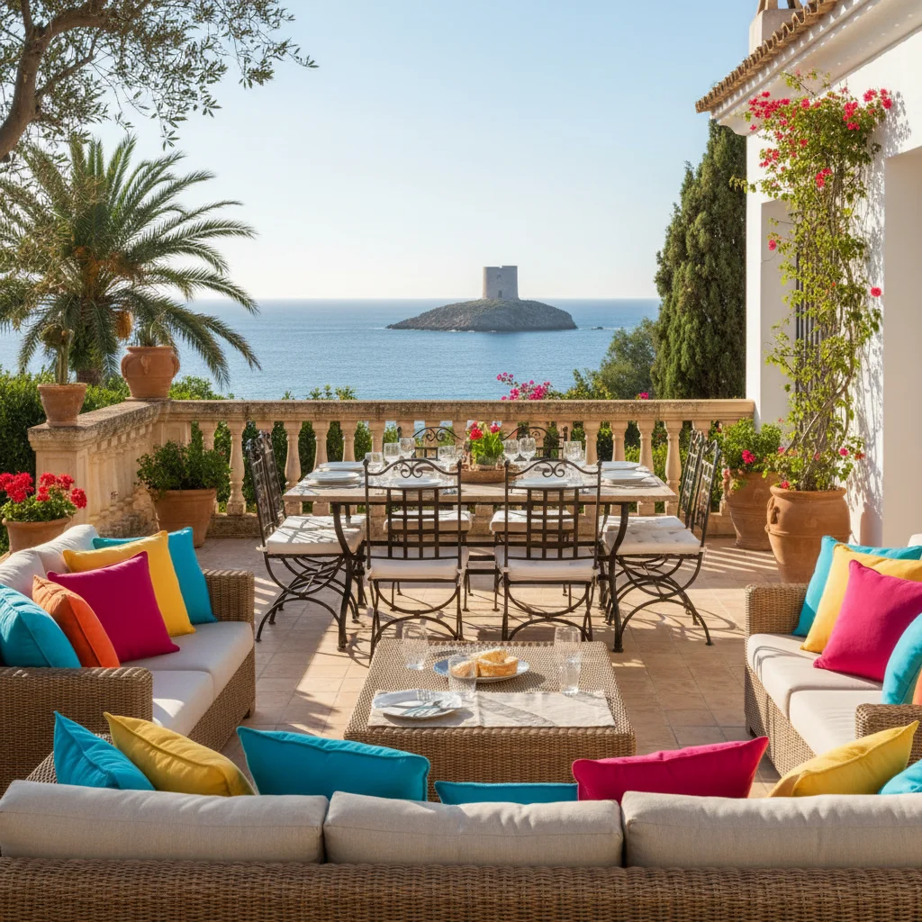 Instalación de cojines y textiles exteriores en una terraza mediterránea en El Campello, Costa Blanca