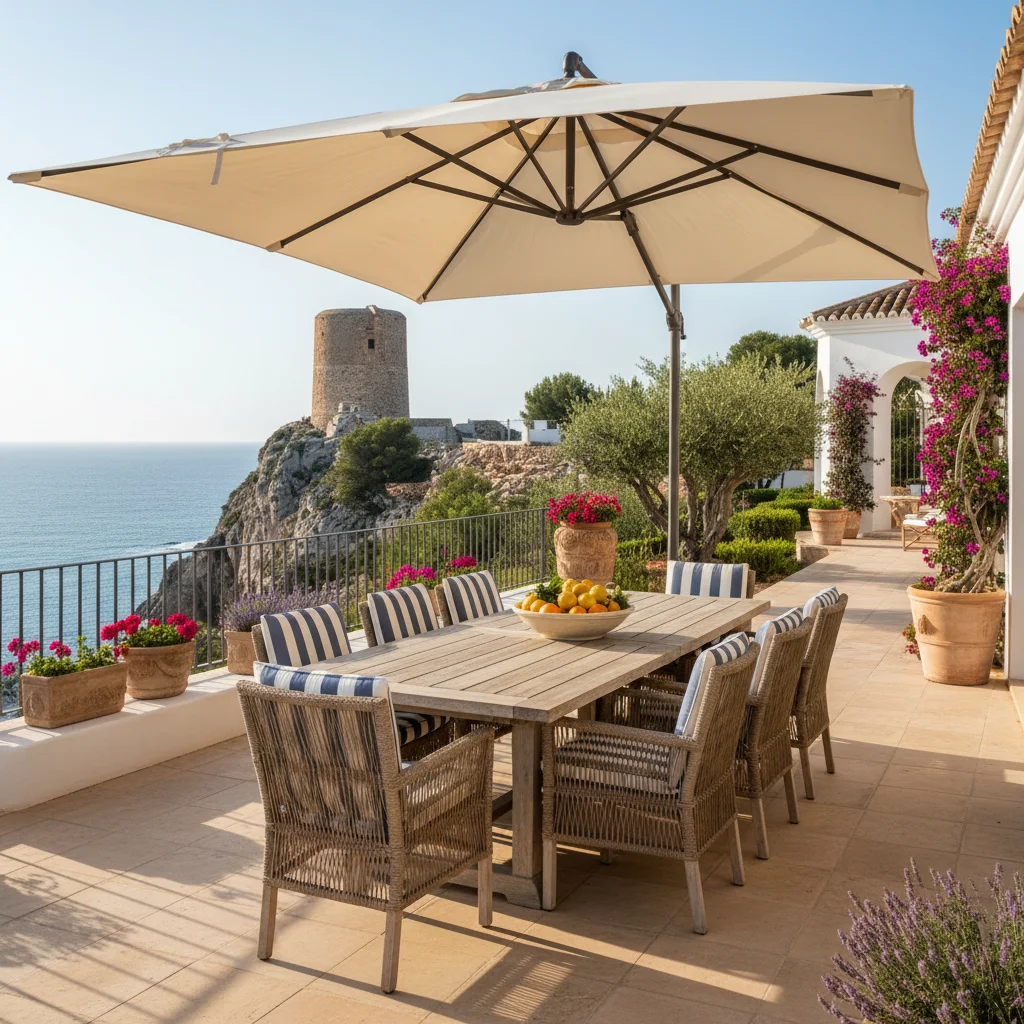Parasols & Shade Sails setup on a Mediterranean terrace in El Campello, Costa Blanca