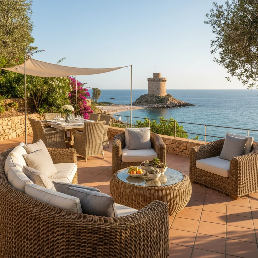 Installation de salons de jardin en rotin sur une terrasse méditerranéenne à El Campello, Costa Blanca