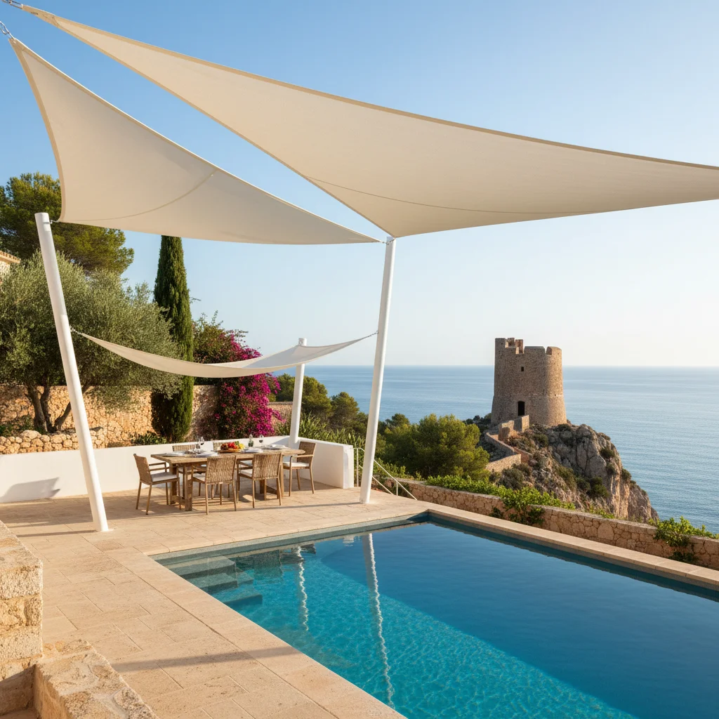 Sonnensegel-Einrichtung auf einer mediterranen Terrasse in El Campello, Costa Blanca