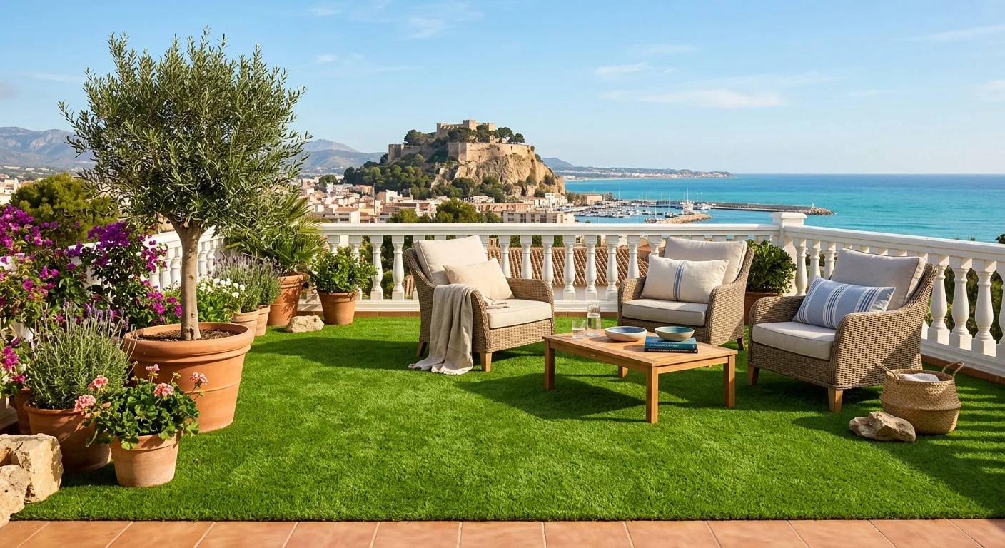 Instalación de césped artificial y paisajismo en una terraza mediterránea en Dénia, Costa Blanca