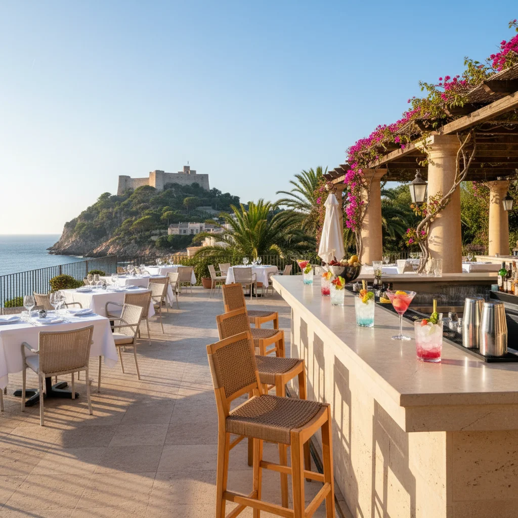 Instalación de muebles de bar exterior en una terraza mediterránea en Dénia, Costa Blanca