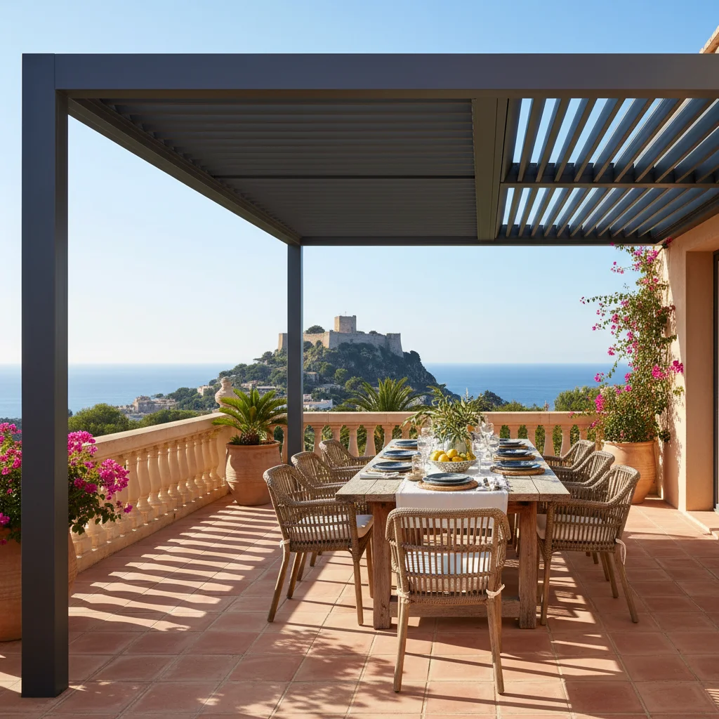 Instalación de pérgolas bioclimáticas en una terraza mediterránea en Dénia, Costa Blanca