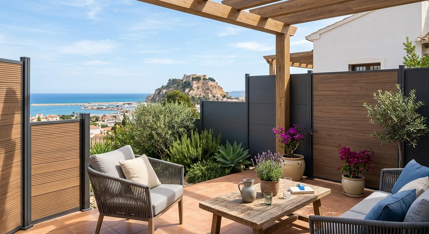 Instalación de vallas y cercas de jardín en una terraza mediterránea en Dénia, Costa Blanca