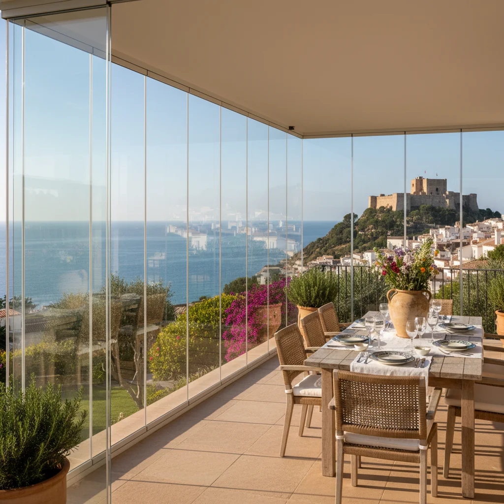 Instalación de cortinas de cristal en una terraza mediterránea en Dénia, Costa Blanca