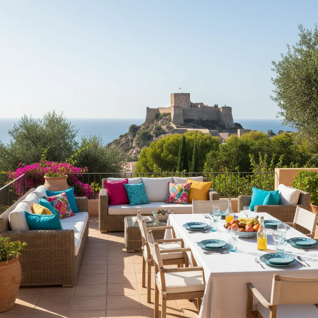 Instalación de cojines y textiles exteriores en una terraza mediterránea en Dénia, Costa Blanca
