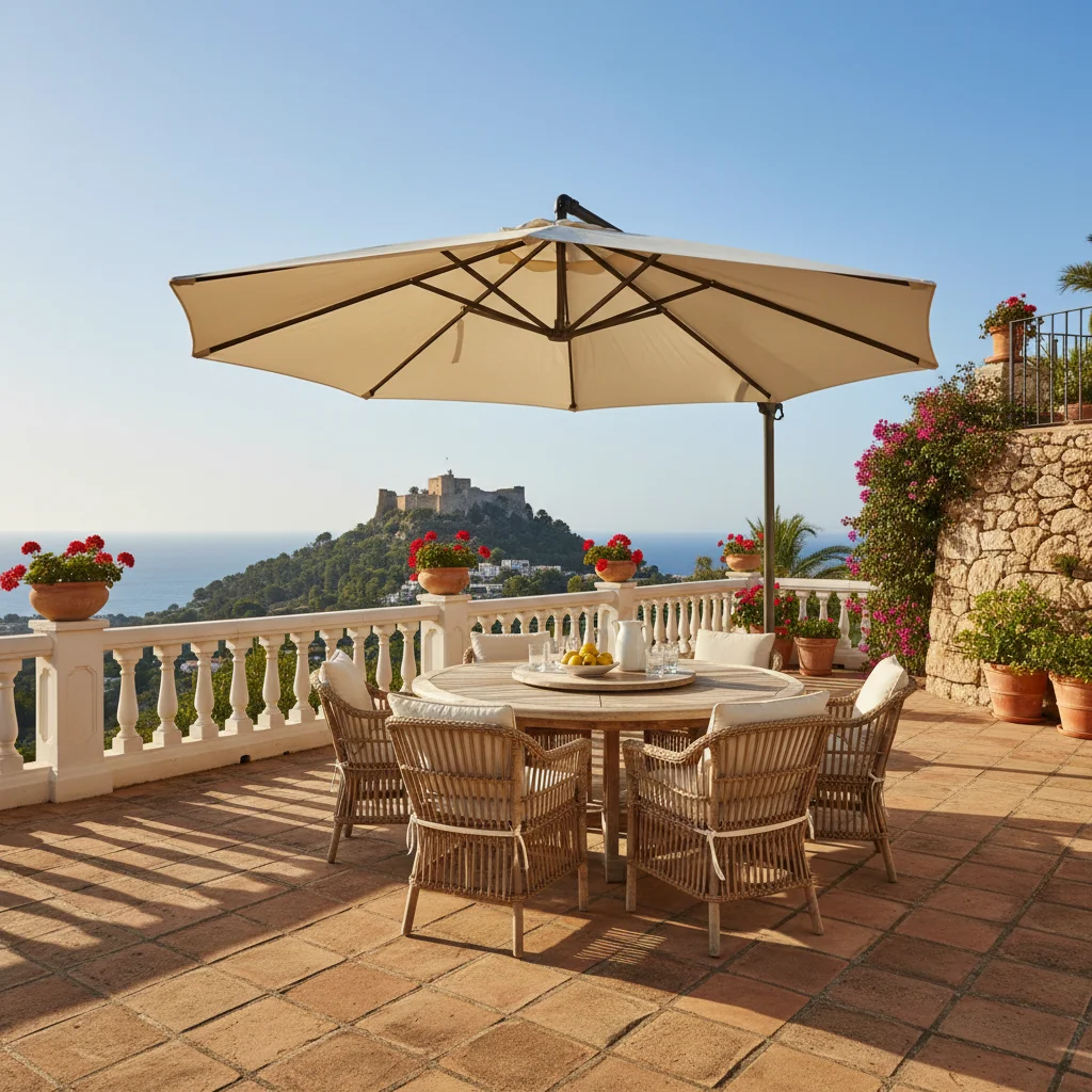 Instalación de sombrillas y parasoles en una terraza mediterránea en Dénia, Costa Blanca