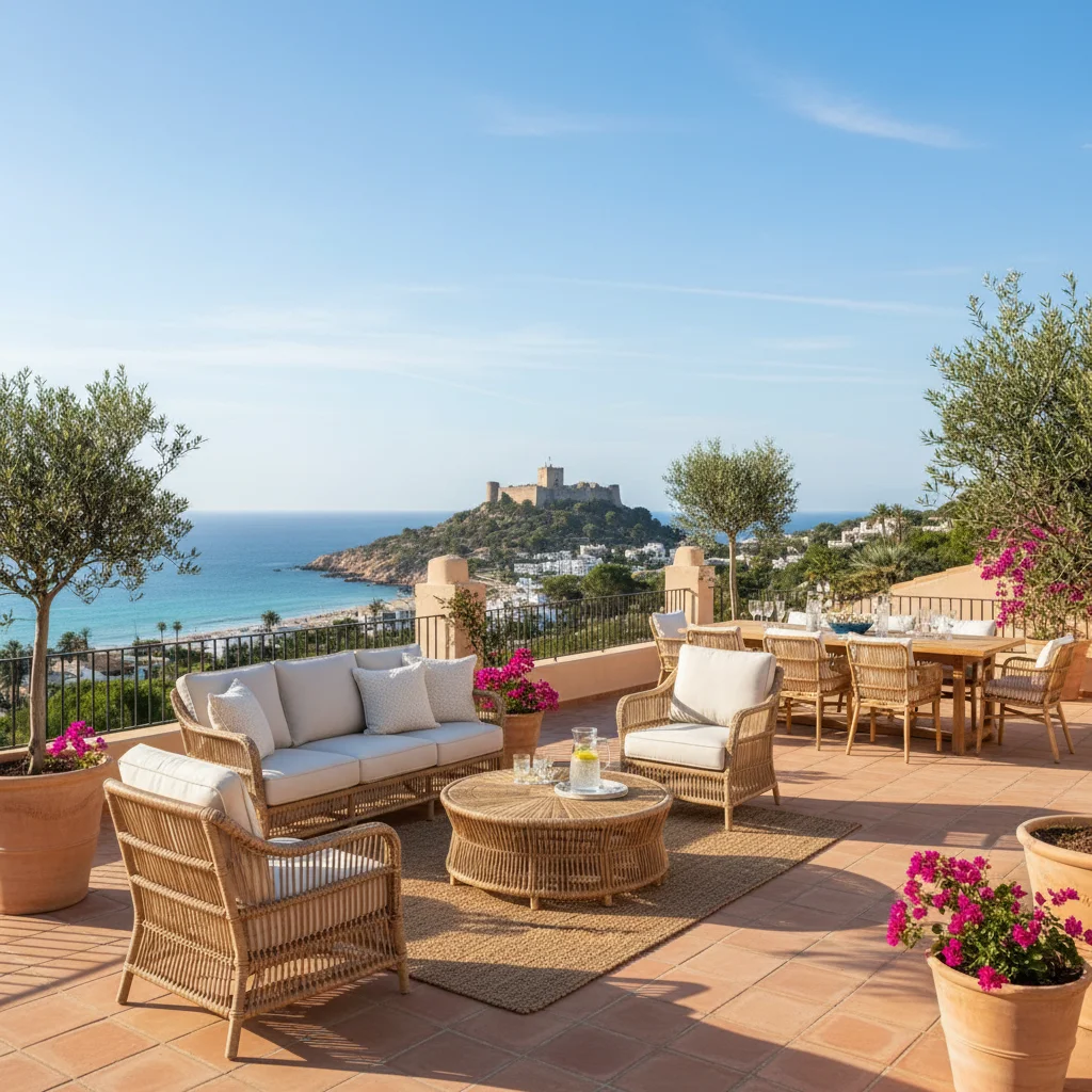 Instalación de conjuntos lounge de ratán en una terraza mediterránea en Dénia, Costa Blanca