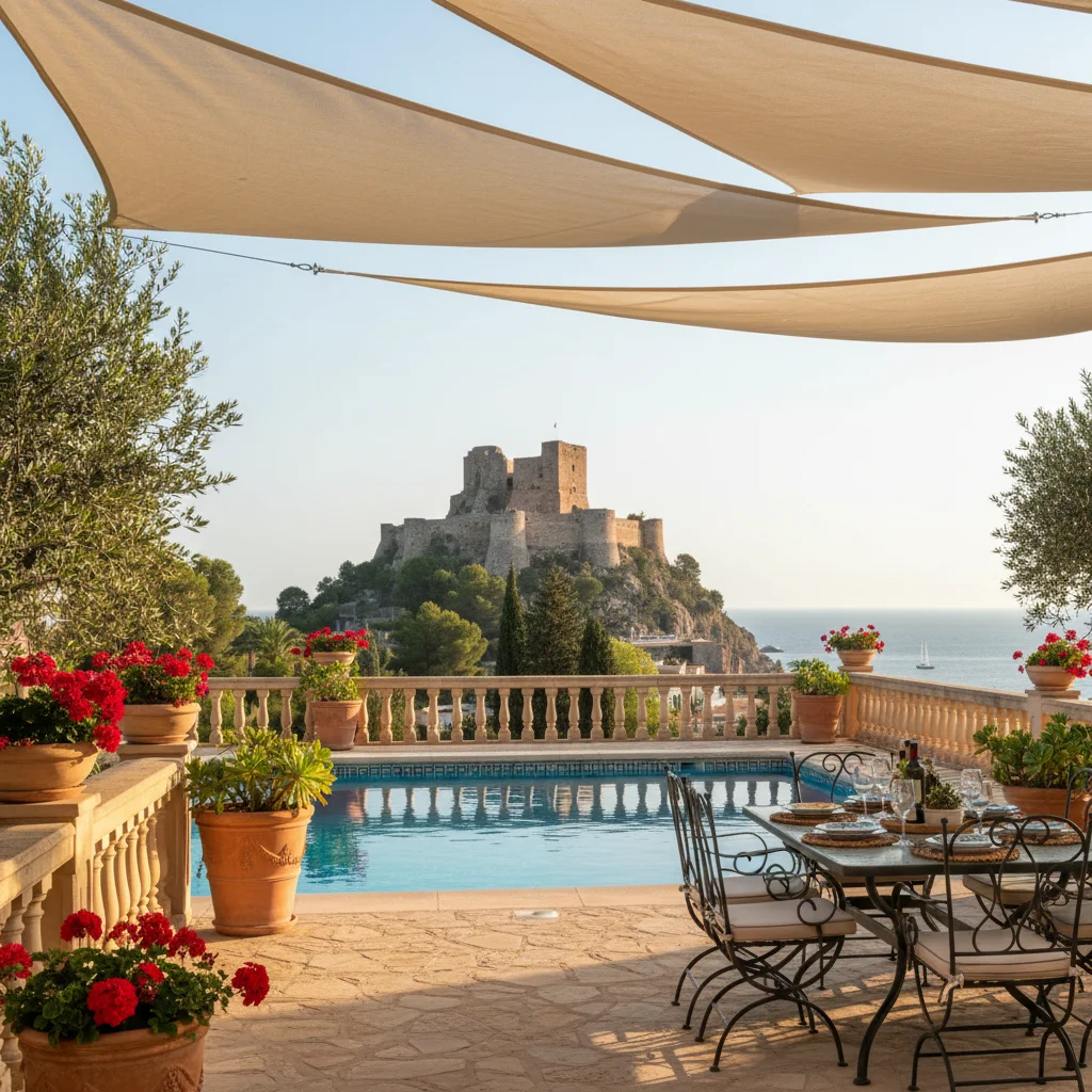 Instalación de velas de sombra en una terraza mediterránea en Dénia, Costa Blanca