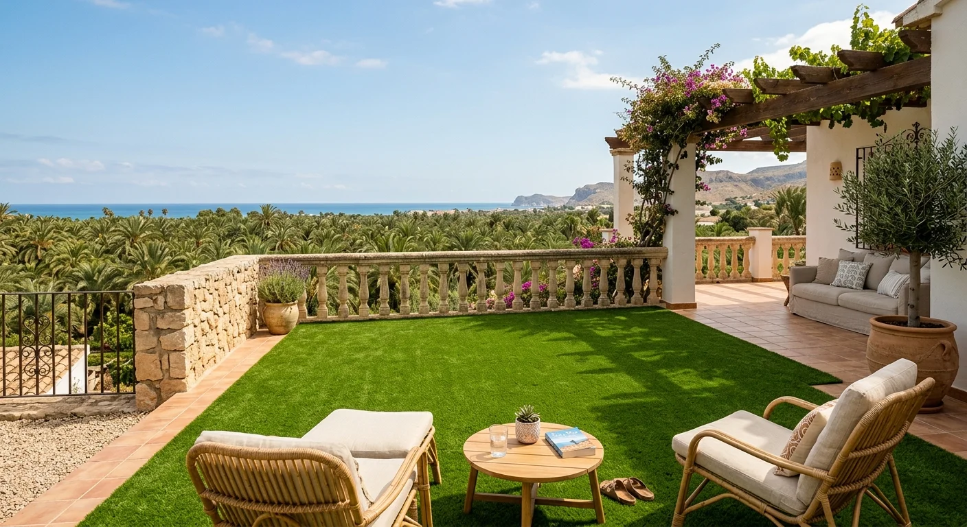 Instalación de césped artificial y paisajismo en una terraza mediterránea en Elche, Costa Blanca