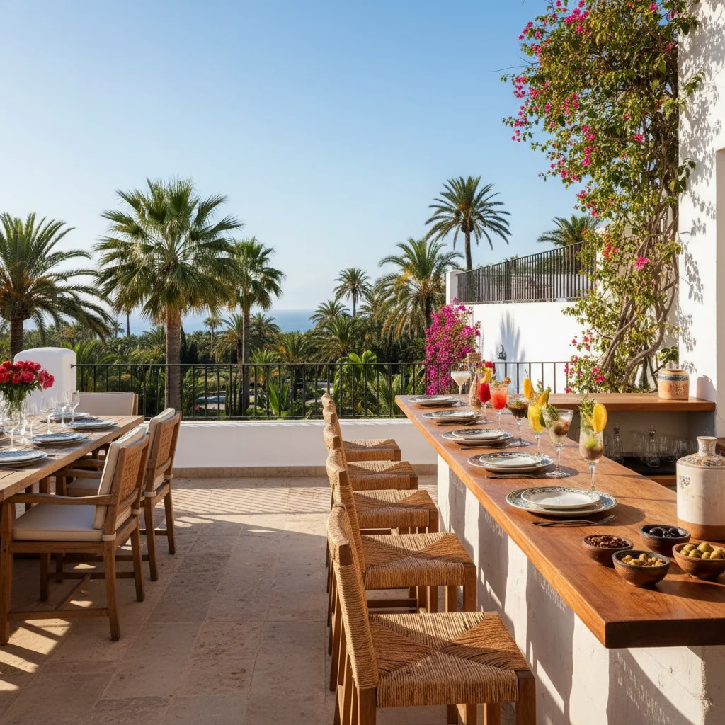 Instalación de muebles de bar exterior en una terraza mediterránea en Elche, Costa Blanca