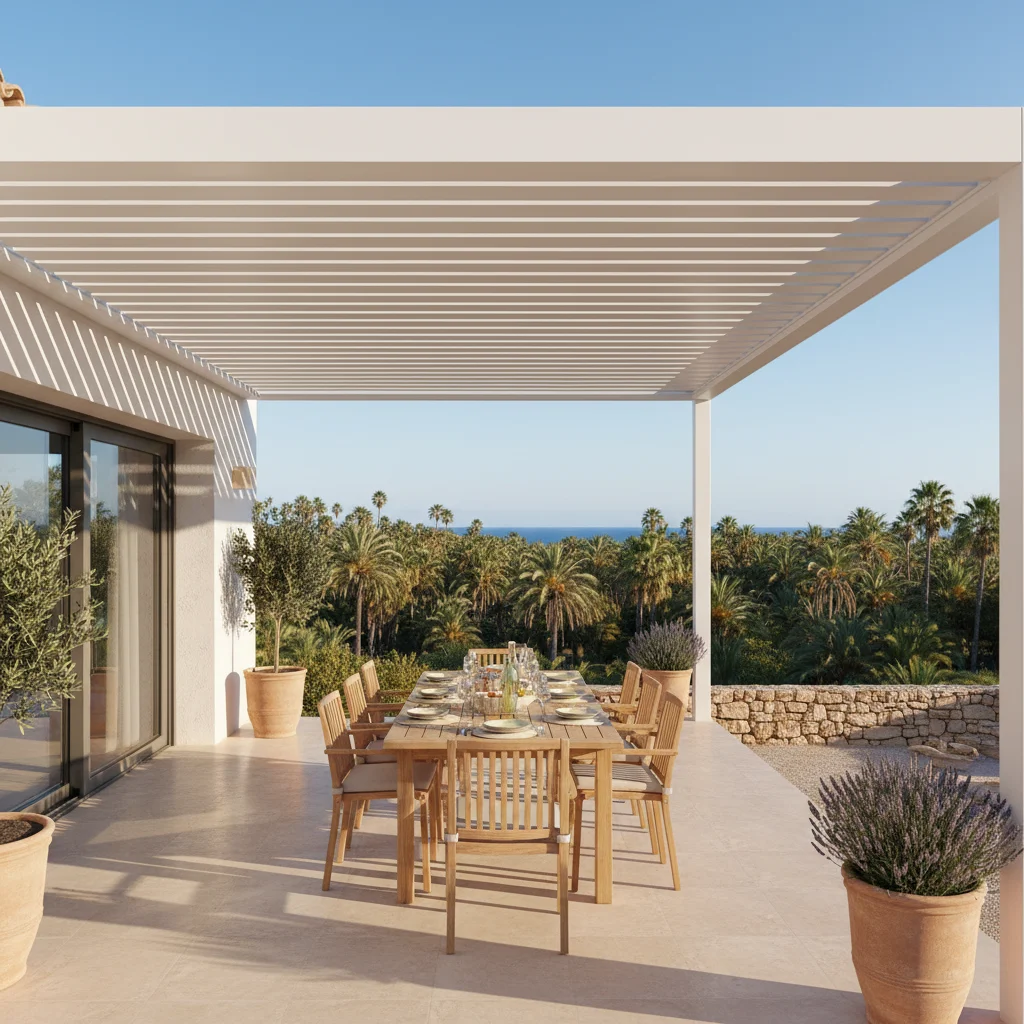 Instalación de pérgolas bioclimáticas en una terraza mediterránea en Elche, Costa Blanca
