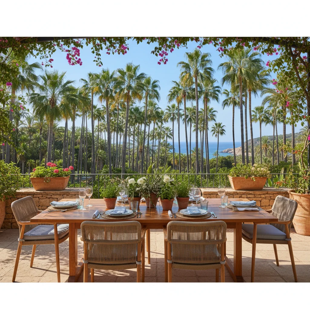 Instalación de conjuntos de comedor exterior en una terraza mediterránea en Elche, Costa Blanca