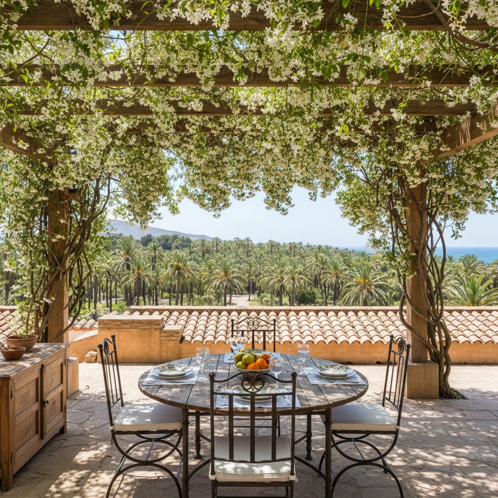 Fixed Pergolas setup on a Mediterranean terrace in Elche, Costa Blanca