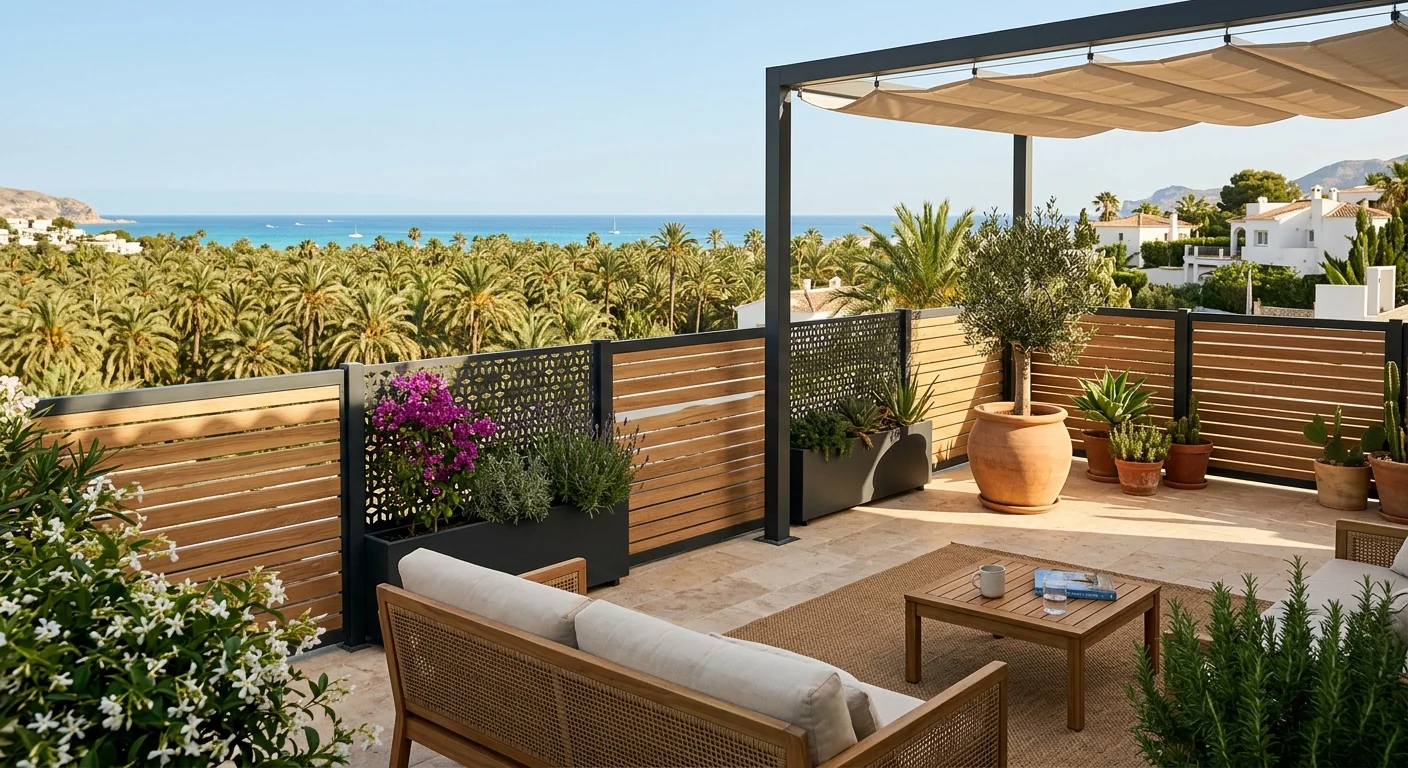 Instalación de vallas y cercas de jardín en una terraza mediterránea en Elche, Costa Blanca