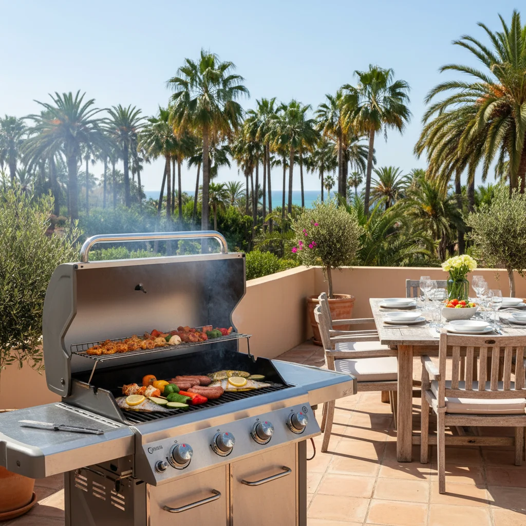 Gasgrills-Einrichtung auf einer mediterranen Terrasse in Elche, Costa Blanca