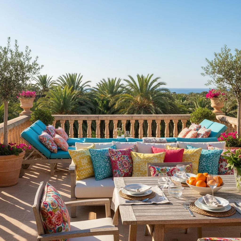 Instalación de cojines y textiles exteriores en una terraza mediterránea en Elche, Costa Blanca