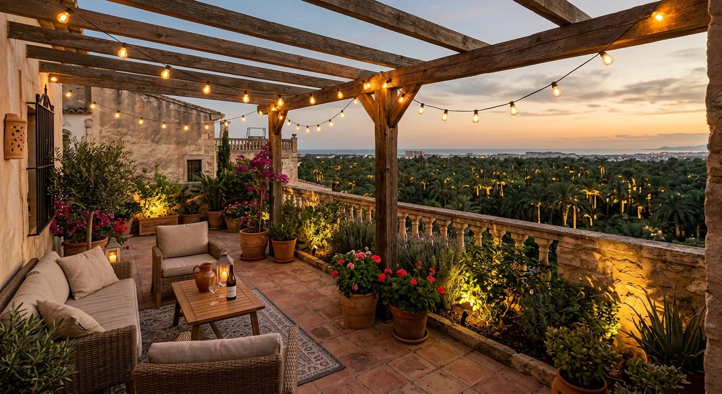 Instalación de iluminación exterior en una terraza mediterránea en Elche, Costa Blanca